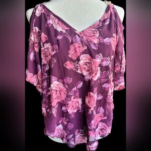 Naif Floral Chiffon Blouse Pink Purple Gold Ring Detail Flowy Top Size S NWT